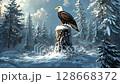 majestic bald eagle perched on snowy stump in winter forest 128668372