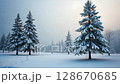 Peaceful winter landscape with a snow-covered road and frost-covered trees on a foggy day. Serene and cold atmospheric scenery.. 128670685