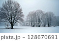 snowy landscape with trees standing in the foreground, the background is foggy, creating a depth effect, the light is su. 128670691