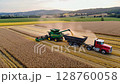Combine harvester and truck working together during golden wheat harvest at sunset 128760058