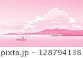 Silhouette of Japanese traditional sailing boat in sea bay against mountain coastline, early morning, monochrome, huge cumulus clouds in background 128794138