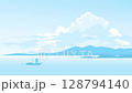 Slowly sailing Japanese traditional sailboat with small boat in tow behind it in sea bay against mountainous coastline, absolute calm, early morning, blue monochrome, huge cumulus clouds in background 128794140
