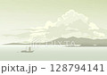 Silhouette of Japanese traditional sailing boat in sea bay against mountain coastline, early morning, monochrome, huge cumulus clouds in background 128794141
