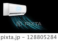 The air conditioner blows cool air, light glow on the digital temperature indicator, isolated on black, 4k animation 128805284