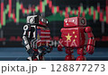 Two stylized robots stand facing each other, one adorned with the American flag and the other with the Chinese flag, set against a fluctuating stock market background. 128877273