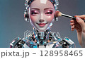 Futuristic visual footage of a female glass AI robot applying eye makeup 128958465