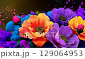 Vibrant floral illustration featuring colorful peonies and abstract splashes of paint, creating a lively and artistic composition with dark background for visual impact 129064953