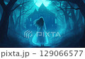 Mysterious Girl Approaching Haunted Mansion Under Moonlight 129066577