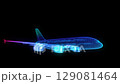 Blue particles and lines form wire-frame Airplane. Digital technology visualization of 3d 129081464