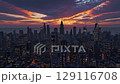 Tall city skyline under brilliant sunset clouds evokes energy urban aspiration transition ambition progress change cityscape city identity modern landscape vision 129116708