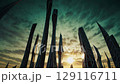 Futuristic skyscrapers stretching into sunrise sky symbolize progress innovation visionary ambition hope breakthrough future metropolis transformation imagination 129116711