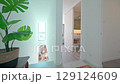 Potted monstera deliciosa decorates a modern, minimalist white home interior with a sliding door slightly ajar, revealing a glimpse into another room 129124609