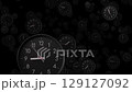 Many time lapse classic clock faces floating space showing different time. Busy time flow concept. Clock hands rotating quickly. Black background, seamless loop animation. 129127092