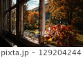 Picturesque autumn landscape with colorful trees and a house, viewed through an old window frame. 129204244