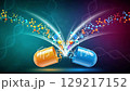 Colorful capsules burst to reveal vibrant molecules representing science and innovation 129217152