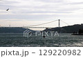 Seascape panorama of cable-stayed bridge across Bosphorus, Turkey. Boat on the water surface. High quality FullHD footage 129220982