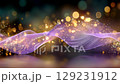 Abstract wave of purple light with shimmering golden bokeh, creating a mesmerizing visual effect, ideal for backgrounds or artistic design concepts in digital media 129231912