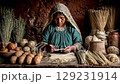 Woman engaged in traditional craftwork, skillfully weaving natural materials at a rustic table surrounded by handmade items, showcasing cultural artistry and dedication to heritage 129231914
