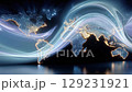Abstract world map illustration with glowing lines and digital elements, representing global connectivity and technological advancement in a modern design 129231921