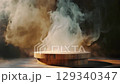 Creative interior concept. Abstract slow moving wispy brown smoke fog spotlight surrounding on wooden dais podium background. Template product presentation. clip mov 4K HD motion	 129340347