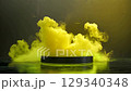 Creative interior concept. Abstract slow moving wispy neon yellow smoke fog spotlight surrounding on glowing black podium background. Template product presentation. clip mov 4K HD motion	 129340348