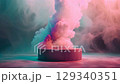 Creative interior concept. Abstract slow moving wispy pastel neon pink blue smoke fog spotlight above concrete stone podium table background. Template product presentation. clip mov 4K HD motion	 129340351