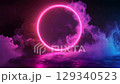 Bright Neon illuminated pink violet blue soft clouds smoke sky background flowing with glowing circle round frame on concrete floor. Mock up template product presentation. banner clip mov 4K HD motion 129340523