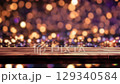 Creative interior concept. Empty wooden table top in focus with blur defocused golden bokeh background. Template for product presentation display. wallpaper banner clip mov 4K HD motion	 129340584