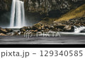 Creative outdoor concept. Empty wooden bridge table in focus with blur defocused waterfall flowing stream cascade river landscape. Template presentation. wallpaper banner clip mov 4K HD motion	 129340585