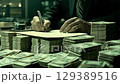 Bank executive signing documents, piles of cash on the desk. 129389516
