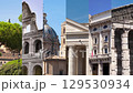 Collage of video tourist points of architecture and urban landscape of Rome. Aerial urban landscape of streets and ancient buildings of the capital of Italy, travel in Europe. 129530934