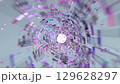 Seamless loop VJ animation of a rotating abstract tunnel made of shimmering glass fragments with vibrant pink and purple neon lighting 129628297