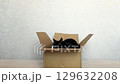 Cat playfully hides in cardboard container. Humorous pet situations and basic cat behavior 129632208