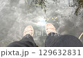 Women's feet in sandals above the water: relaxation shooting by the pond, 129632831