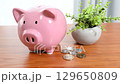 Image of a piggy bank and coins on a desk 129650809