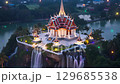 Serene Temple on Waterfall Island Surrounded by Lush Greenery 129685538