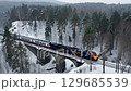 Train Traveling Through Snowy Forest Landscape on Bridge 129685539