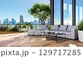 Animation of modern contemporary outdoor living area with city view background 3d render there are wooden floor decorated with fabric sofa 129717285