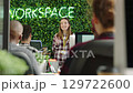 Leadership, startup and training by business woman coaching a diverse team in a modern workspace. Innovation, coaching and planning by young female discussing strategy and goal for small business 129722600