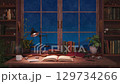 星降る夜の書斎と窓辺の本棚 – 幻想的な読書空間の背景, ループ, シームレス 129734266