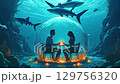 A couple in love on a romantic date in a glass sphere on the seabed, with sharks swimming around them. 129756320