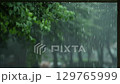 Raindrops falling under the eaves of a roof, a rainy landscape, a summer downpour falling on trees, and the soothing sound of rain ASMR 129765999