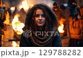 A girl is sitting on the ground among the city streets, surrounded by other people. Christmas, poverty and hunger concept. zoom in, zoom out, pan, or 360 degree shot, animate 129788282