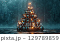 Glowing pyramid of metallic kettlebells illuminated in misty atmosphere. Fitness New Year concept. Merry Christmas 129789859