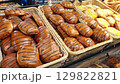 Footage of the various pastry and bread products in the bakery shop 129822821