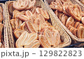 Footage of the various pastry and bread products in the bakery shop 129822823