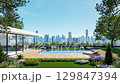 Animation of modern contemporary swimming pool terrace with city view background 3d render 129847394