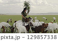 mother with toddler girl feeding a tree branch to the goat on grass field near the river 129857338