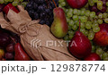 Fresh fruit and wine background, Harvest Festival, Wine Festival, top view 129878774