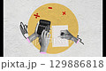 A person is writing on a piece of paper with a calculator in the background 129886818